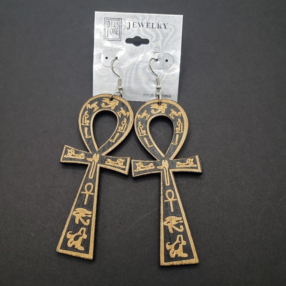 Long wooden Ankh earrings ancient cross hieroglyphics